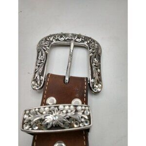 Nocona Western Embroidered Brown Leather Belt With Ornate Silver Buckle & Rhines